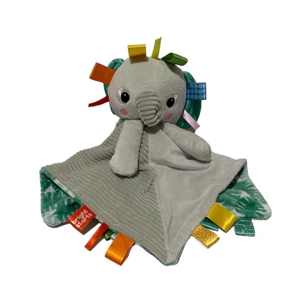 Bright Starts Elephant Animal Tags Palm Leaves Green Gray Baby Lovey Soother
